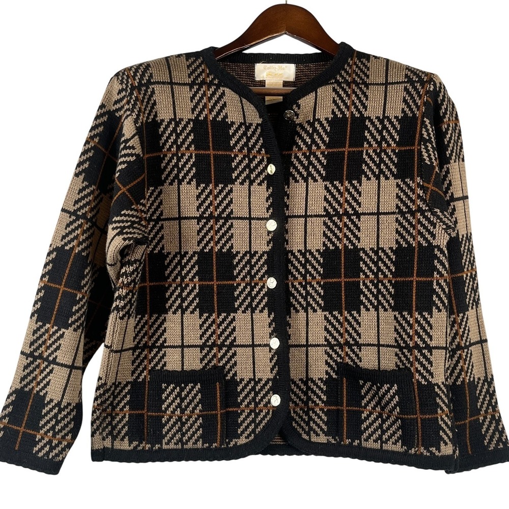 Vintage Tally Ho Womens M Plaid Houndstooth Cardigan Brown Black Button Pockets